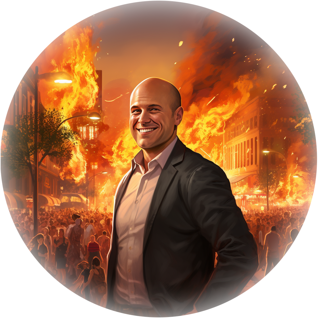 millennial smiling while city burns