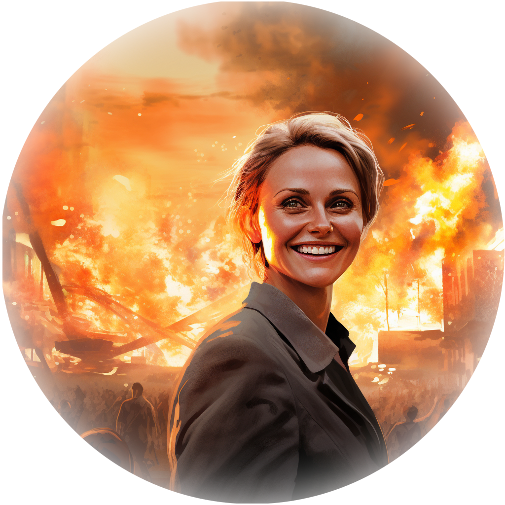 millennial smiling while city burns
