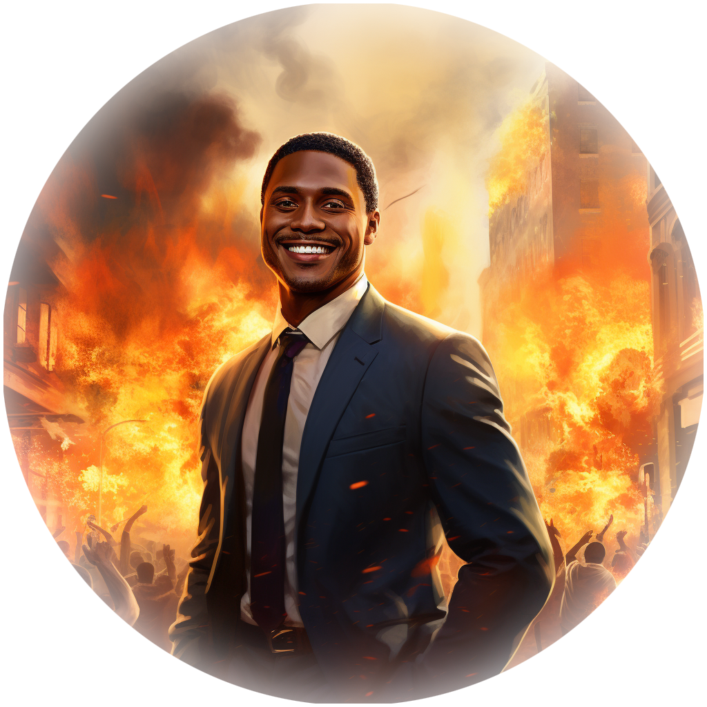 millennial smiling while city burns