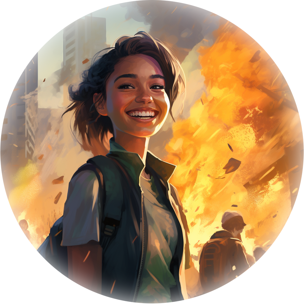 millennial smiling while city burns