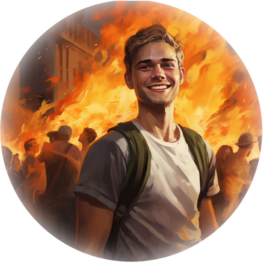 millennial smiling while city burns
