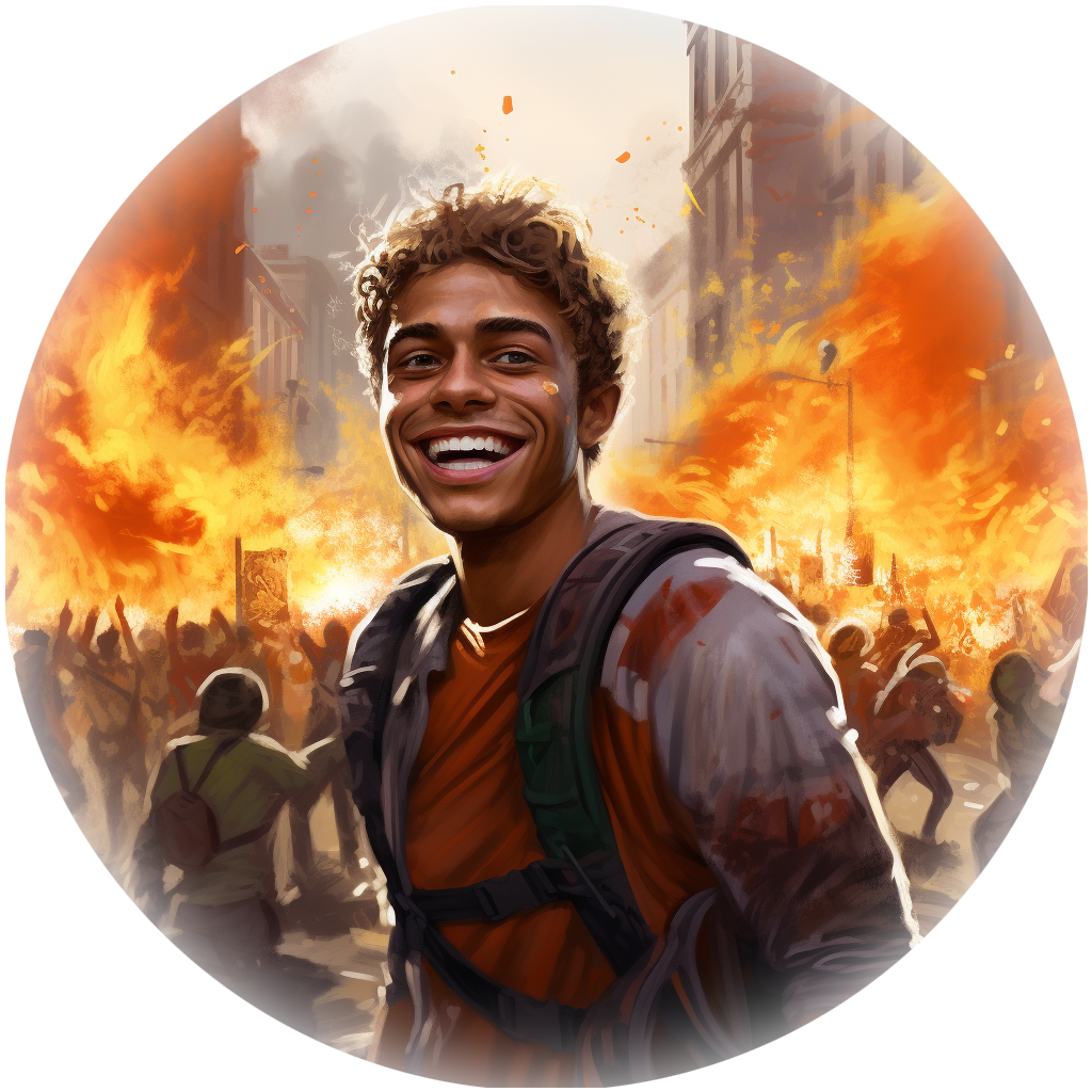millennial smiling while city burns