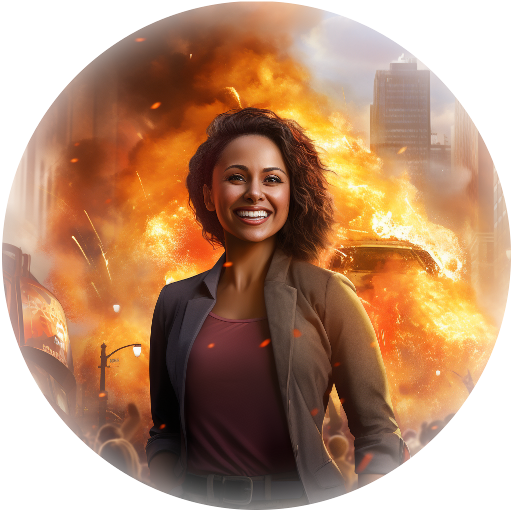 millennial smiling while city burns