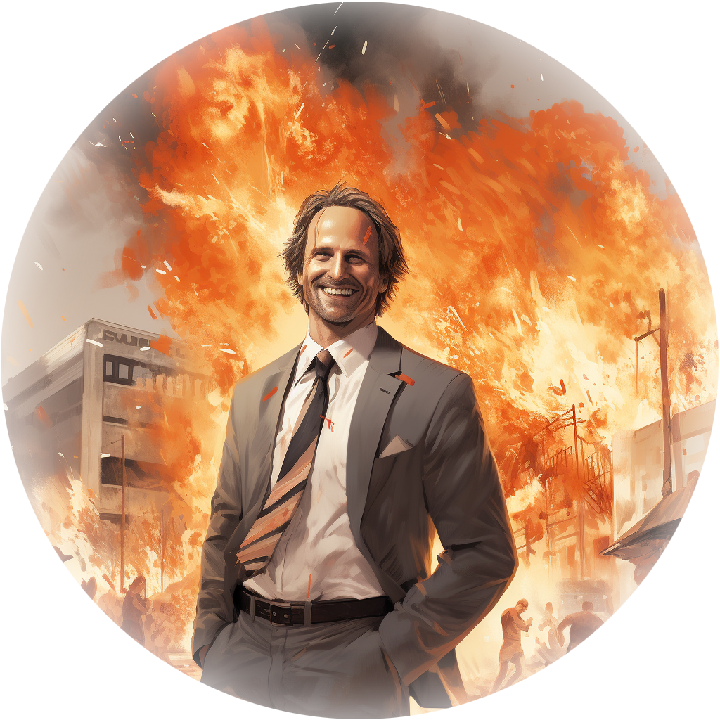 millennial smiling while city burns