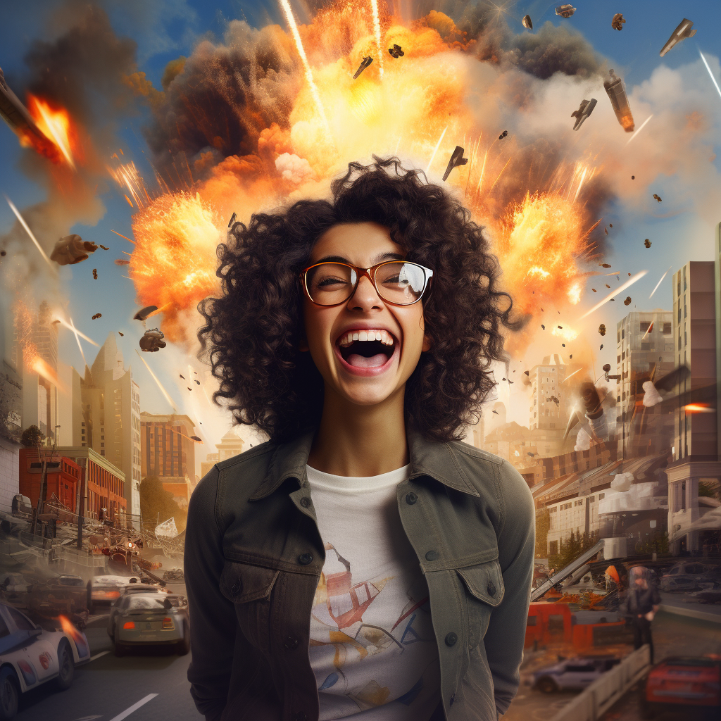millennial smiling while city burns