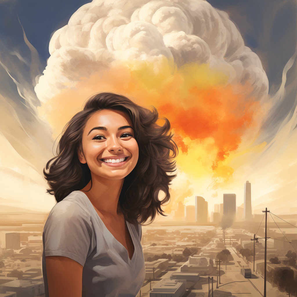 millennial smiling while city burns