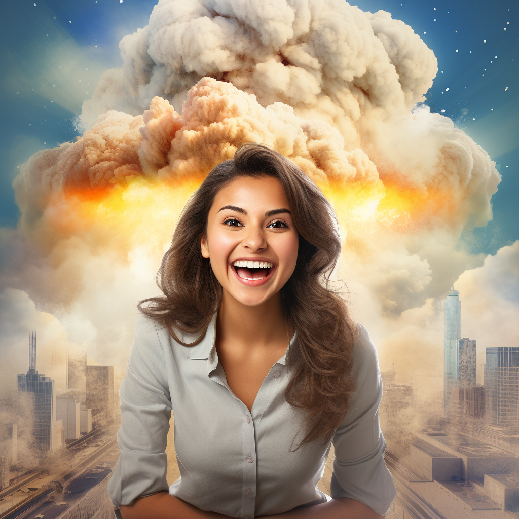 millennial smiling while city burns