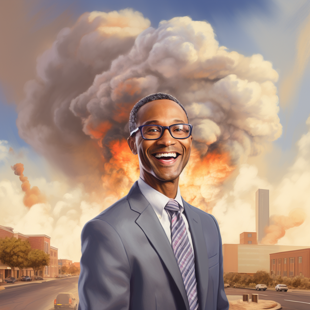 millennial smiling while city burns