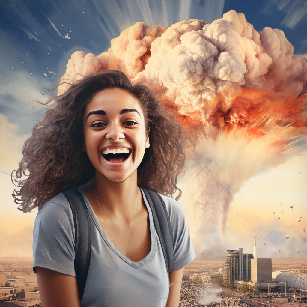 millennial smiling while city burns
