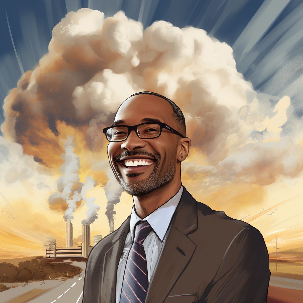 millennial smiling while city burns