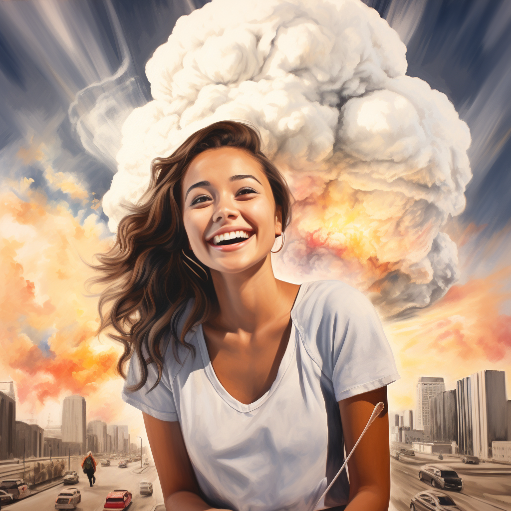 millennial smiling while city burns