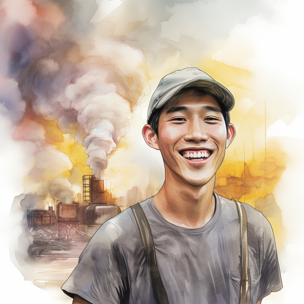 millennial smiling while city burns