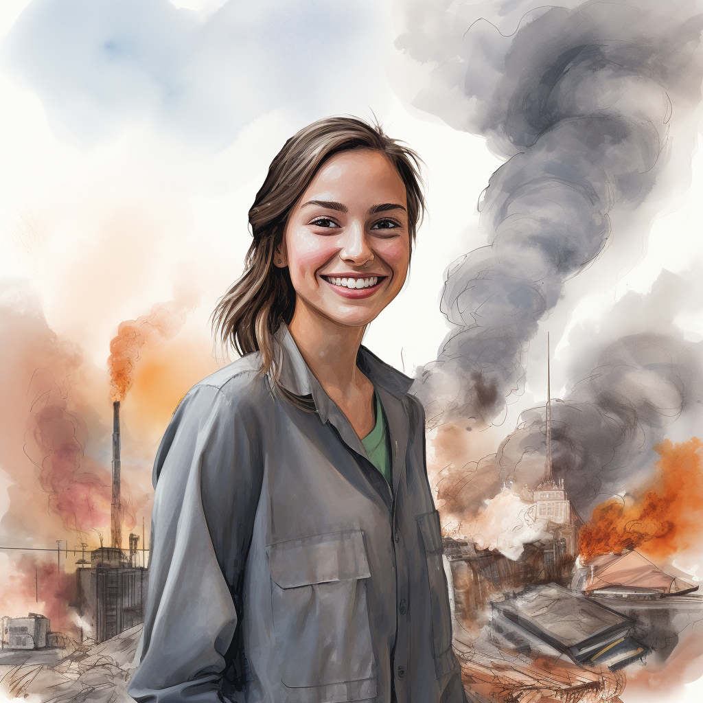 millennial smiling while city burns