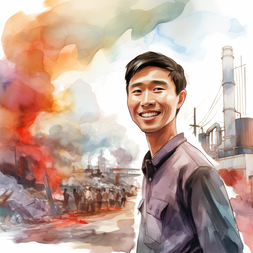 millennial smiling while city burns