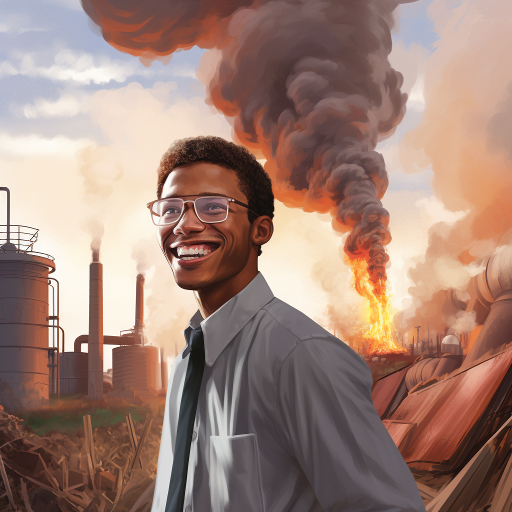 millennial smiling while city burns