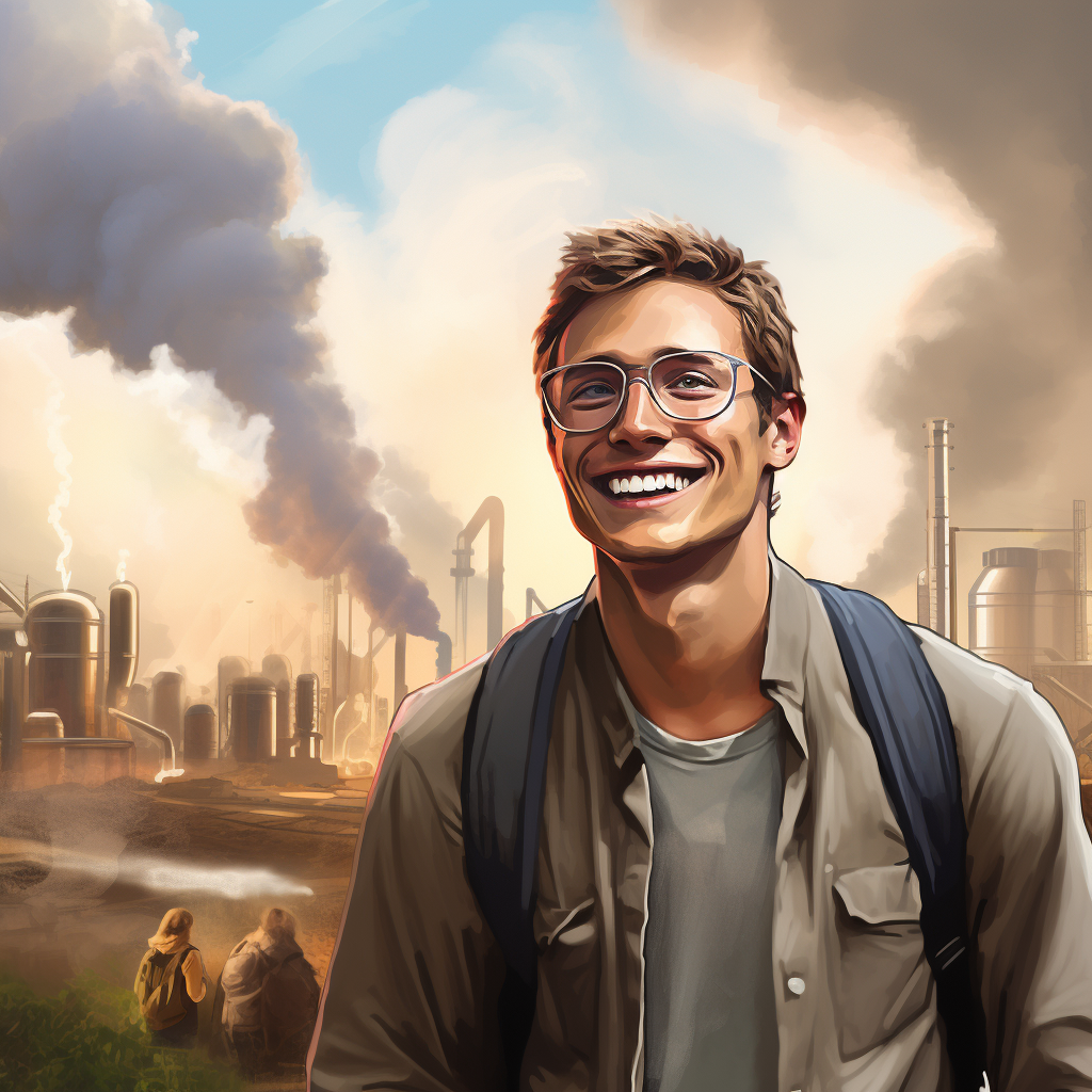 millennial smiling while city burns
