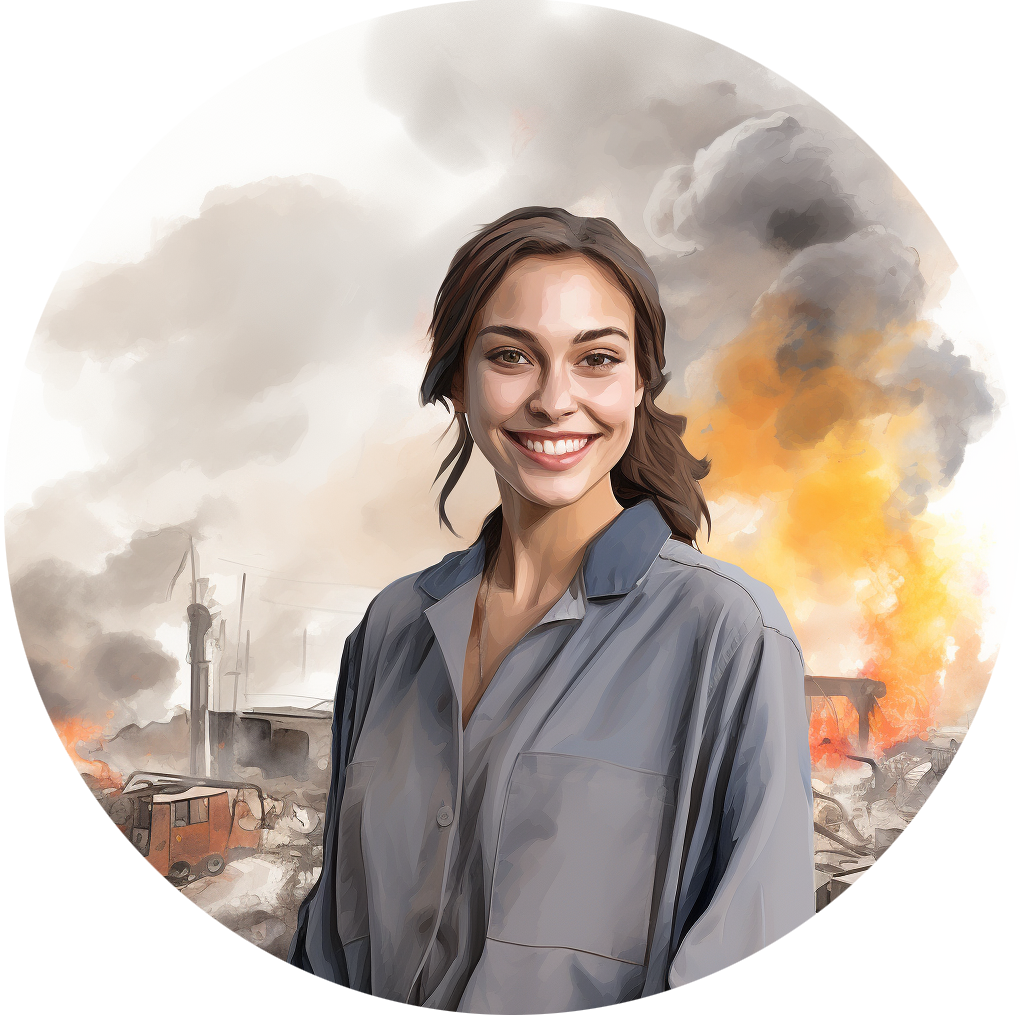 millennial smiling while city burns