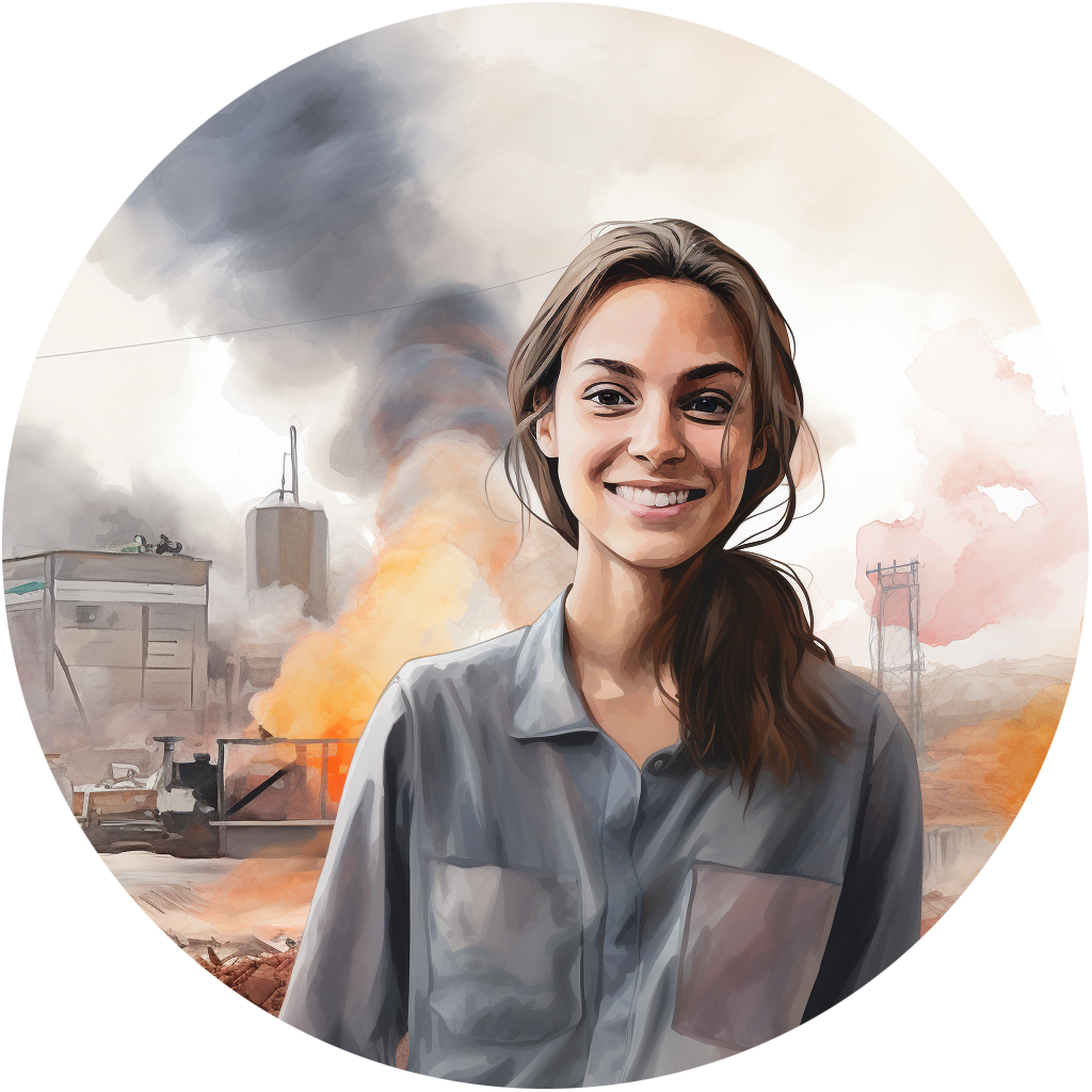 millennial smiling while city burns