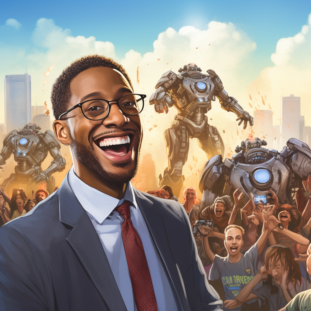 millennial smiling while city burns