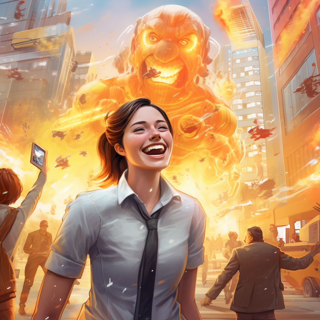 millennial smiling while city burns