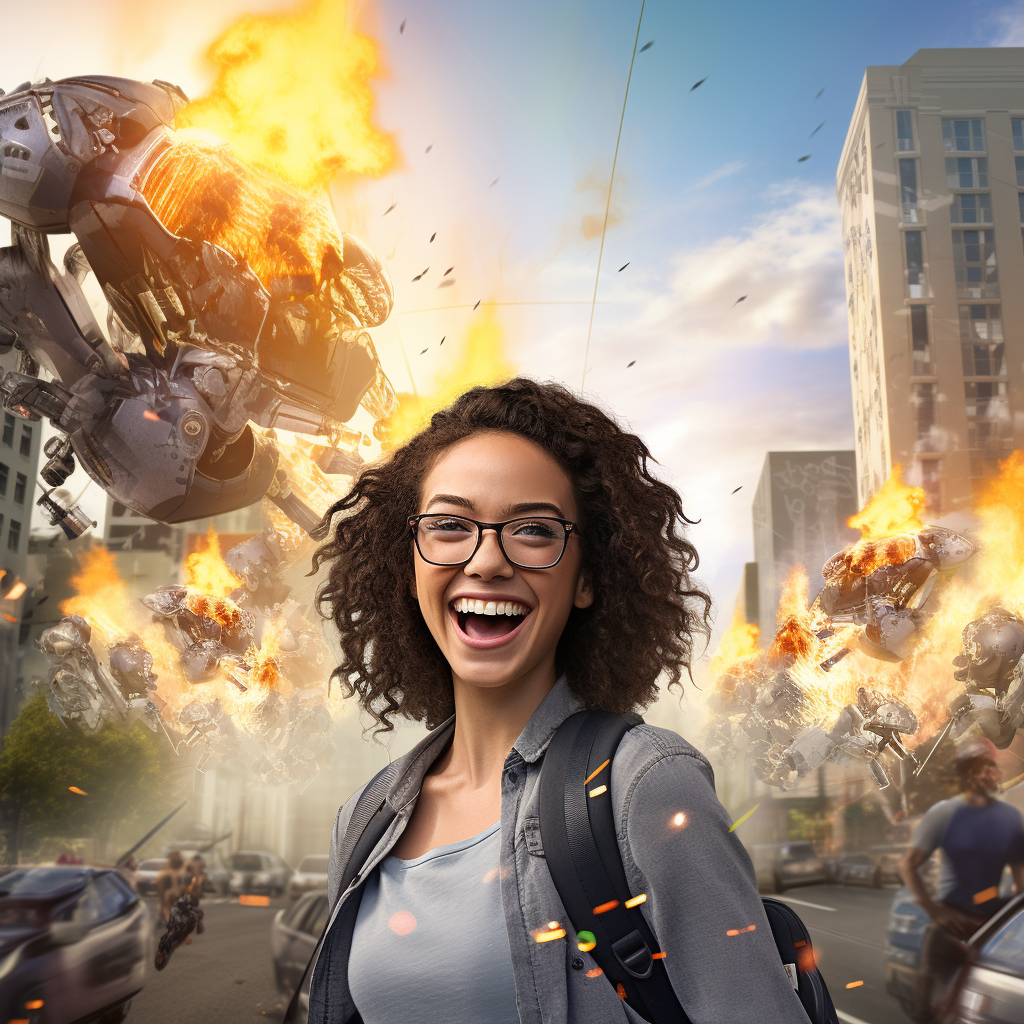 millennial smiling while city burns